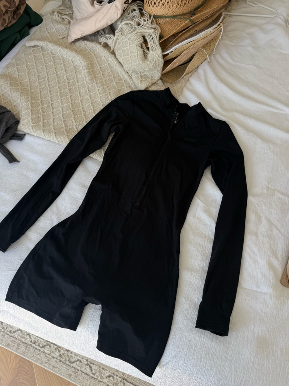 Lux Black Long-Sleeve Short Romper with Front Zip